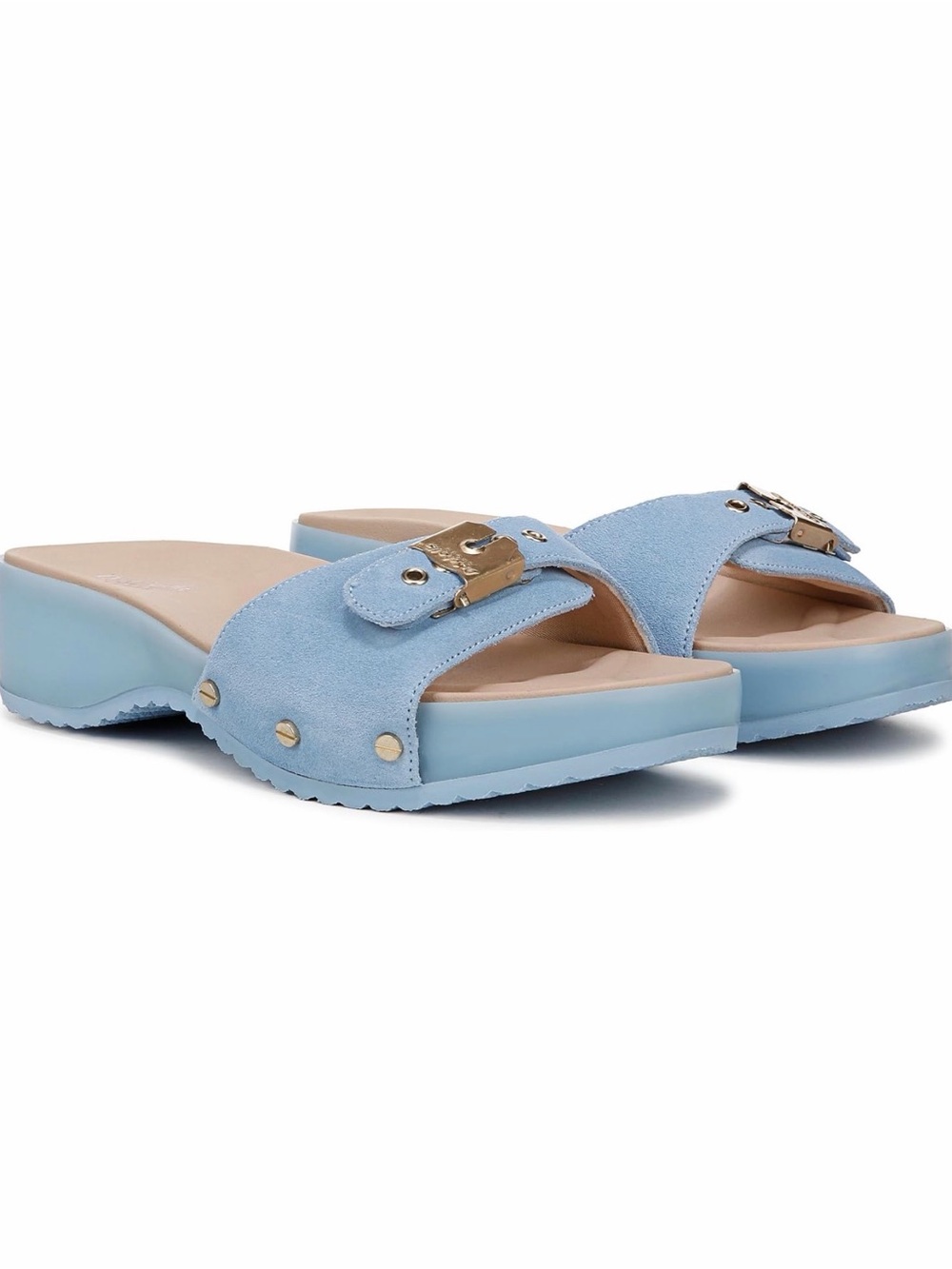 Dr. Scholl's Light Blue Suede Slide Mules with Gold Buckle